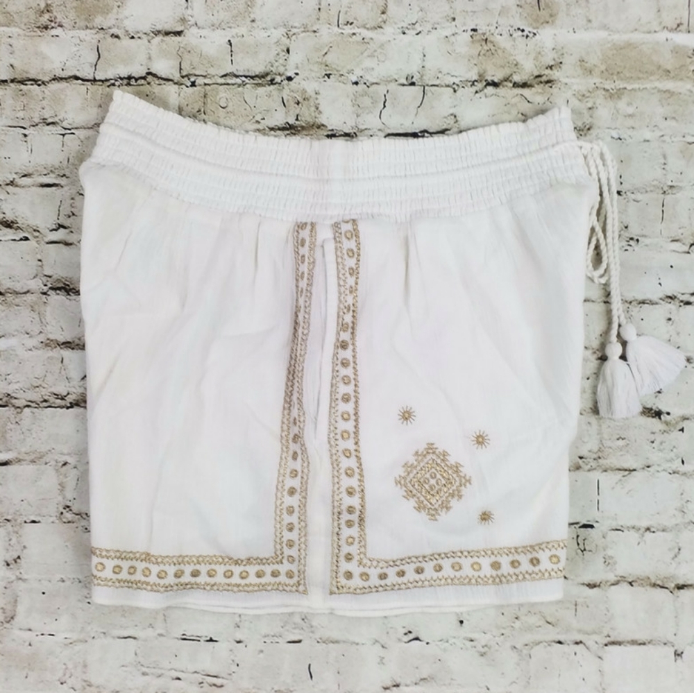 J. Crew Factory White & Gold Embroidered Tassel Tie Casual Shorts Womens 2